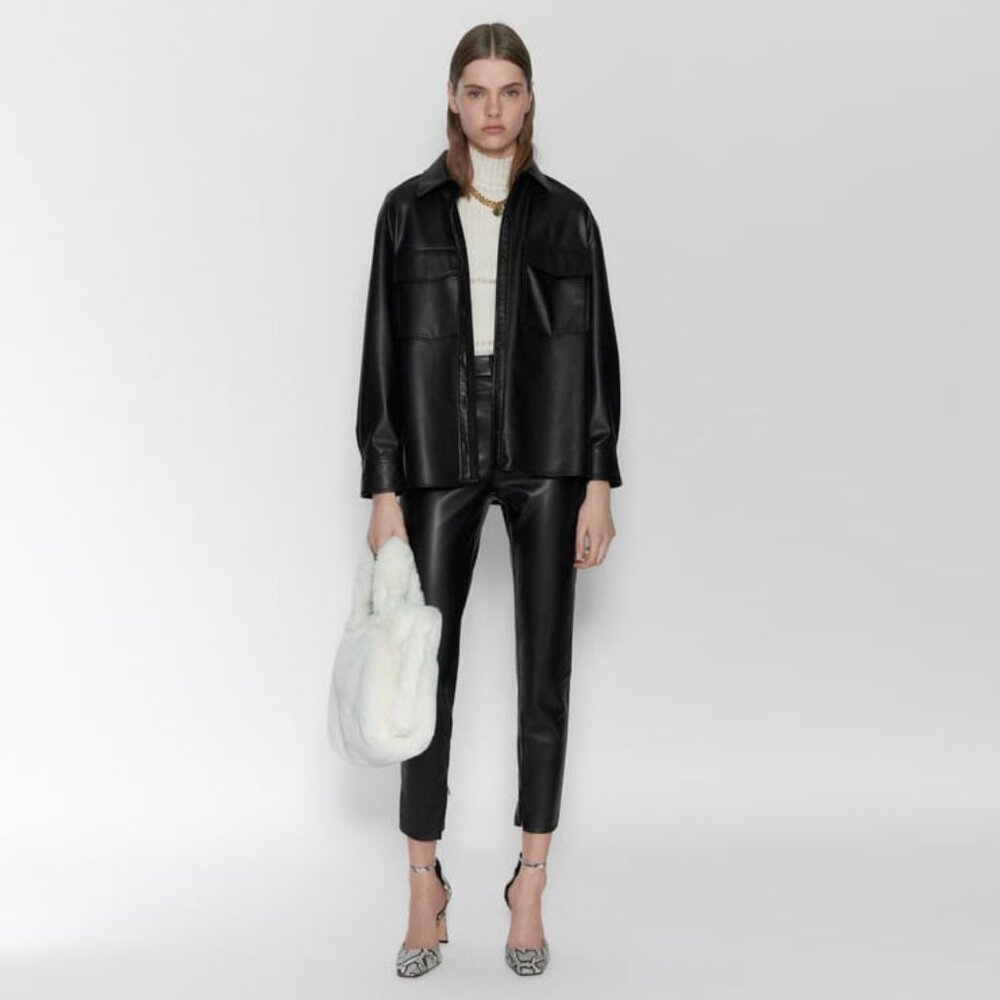 ZARA Black Faux Leather Buttoned Shirt and Pants Set